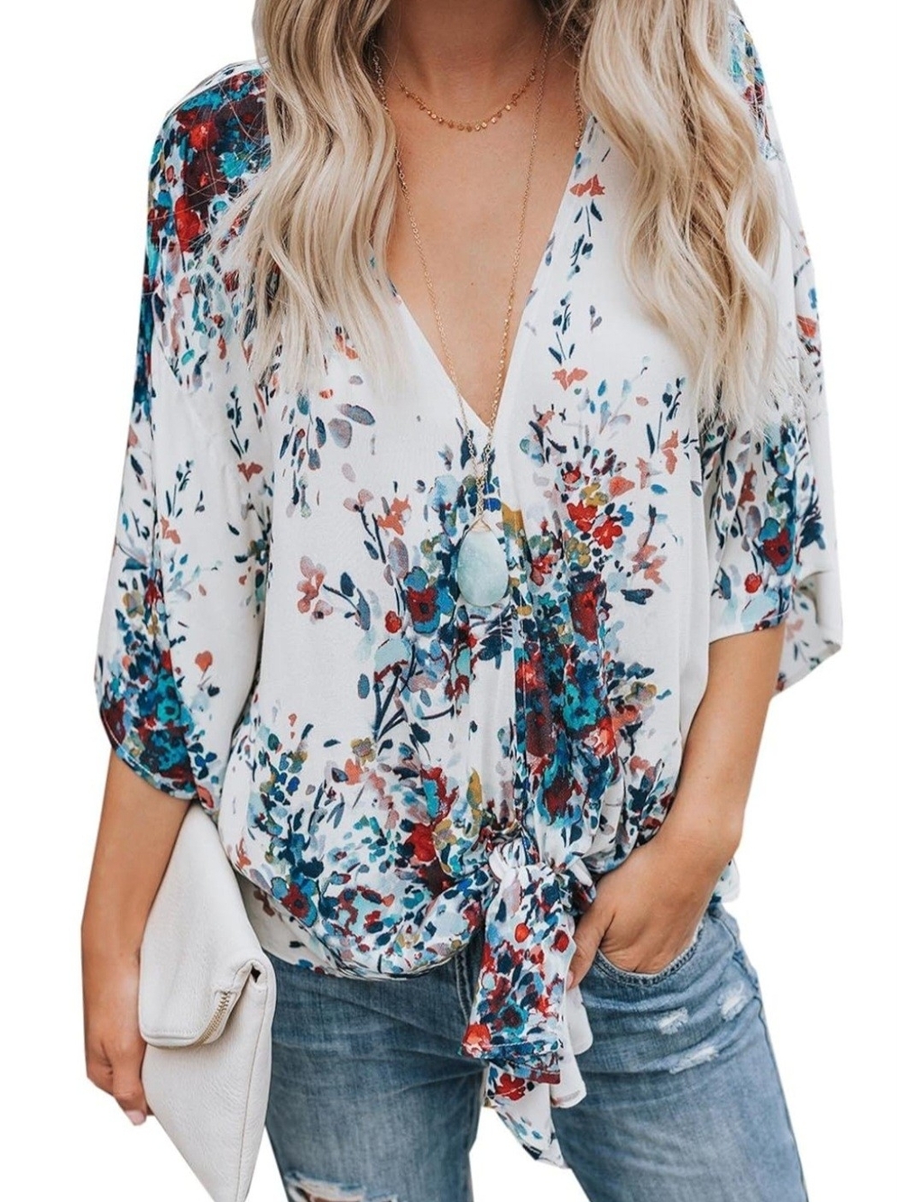 White Floral V-Neck Tie-Front Blouse - Teal Red & Blue, Fit Large